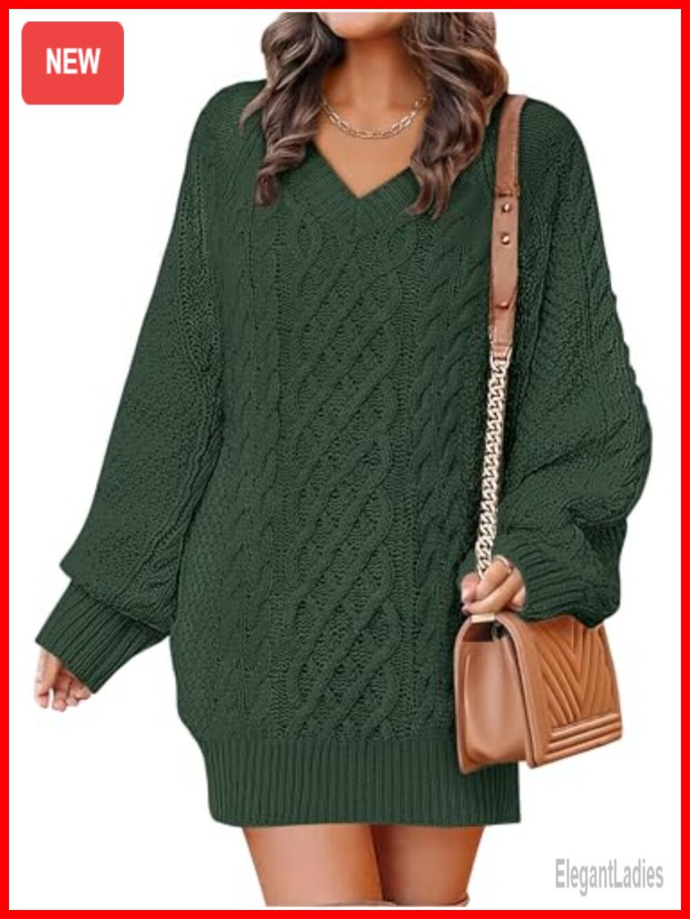 Oversized V Neck Cable Knit Sweater Dress Long Sleeve Pullover
